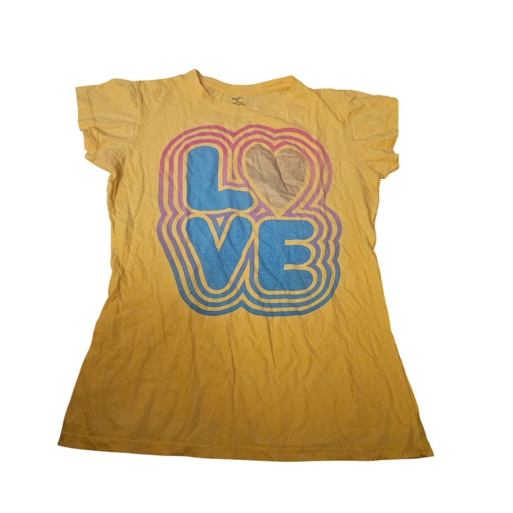 Rue21 Womens XL Yellow Love Graphic Tee Retro Rainbow‎ Gold Heart Cotton Shirt